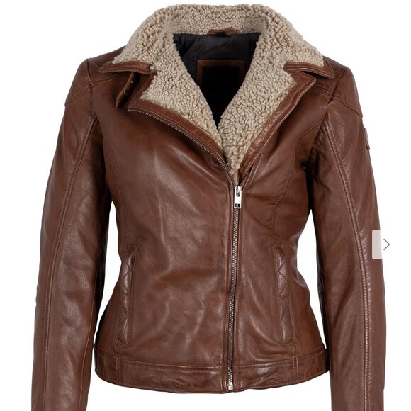Mauritius Brand Women's Jenja CF Leather Jacket, Cognac Shearling - Picture 1 of 3